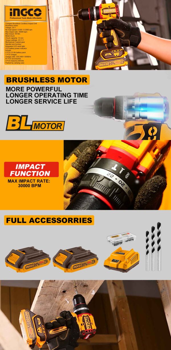 Ingco CIDLI20668 Compact Brushless Cordless Drill