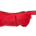 Heavy-duty red glove on the hand. Isolated on a white background. Close-up.