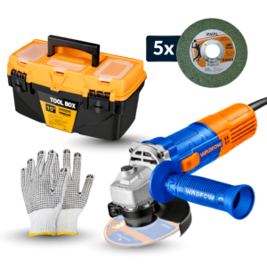 Wadfow Angle Grinder 710w 115mm, Plastic Tool Box 15" ABC0052, EHPL Cutting Disc 5Pcs 115mm and Dots Glove