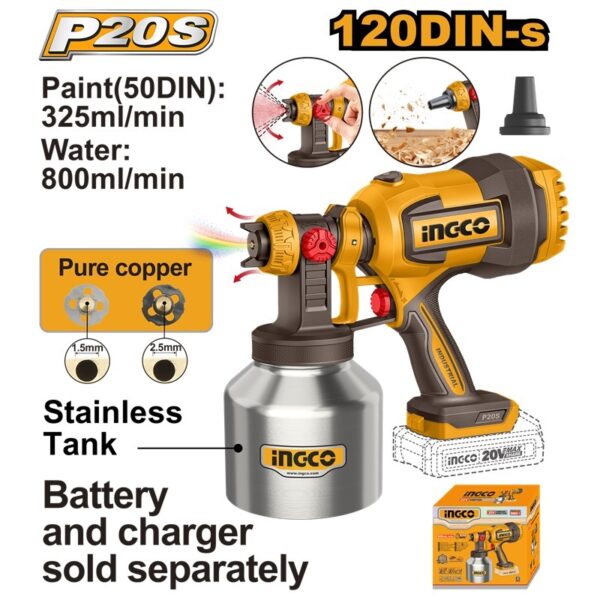 INGCO 20V LI-ION CORDLESS SPRAY GUN 800ML SS TANK CSGLI20041