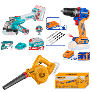 Total Cordless Angle Grinder   20V TAGLI261521 + Wadfow Compact Brushless Cordless Impact Drill  20V WCDP5282 + Ingco Cordless Blower CABLI20028