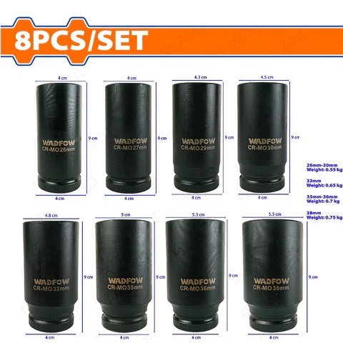Wadfow 8-Pcs Dr. Deep Impact Socket Set Size WMS4D09 Wadfow 8-Pcs Dr. Deep Impact Socket Set Size WMS4D09